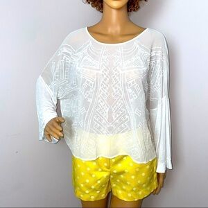 Hazel Boho Bell Sleeve Blouse – White, Geometric Detail – Size Small